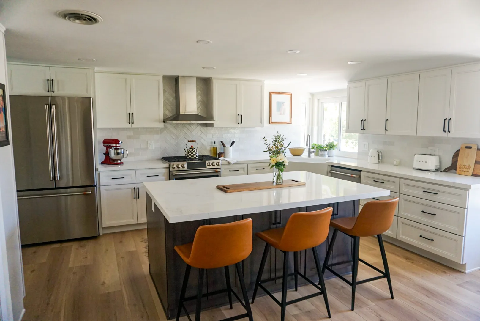Kitchen with island and orange stools, Alessandro Heights remodel