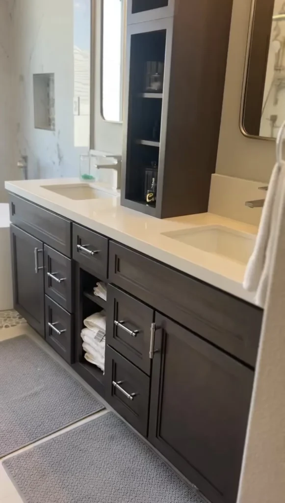 Dark wood vanity with open shelving tower, Corona Hills