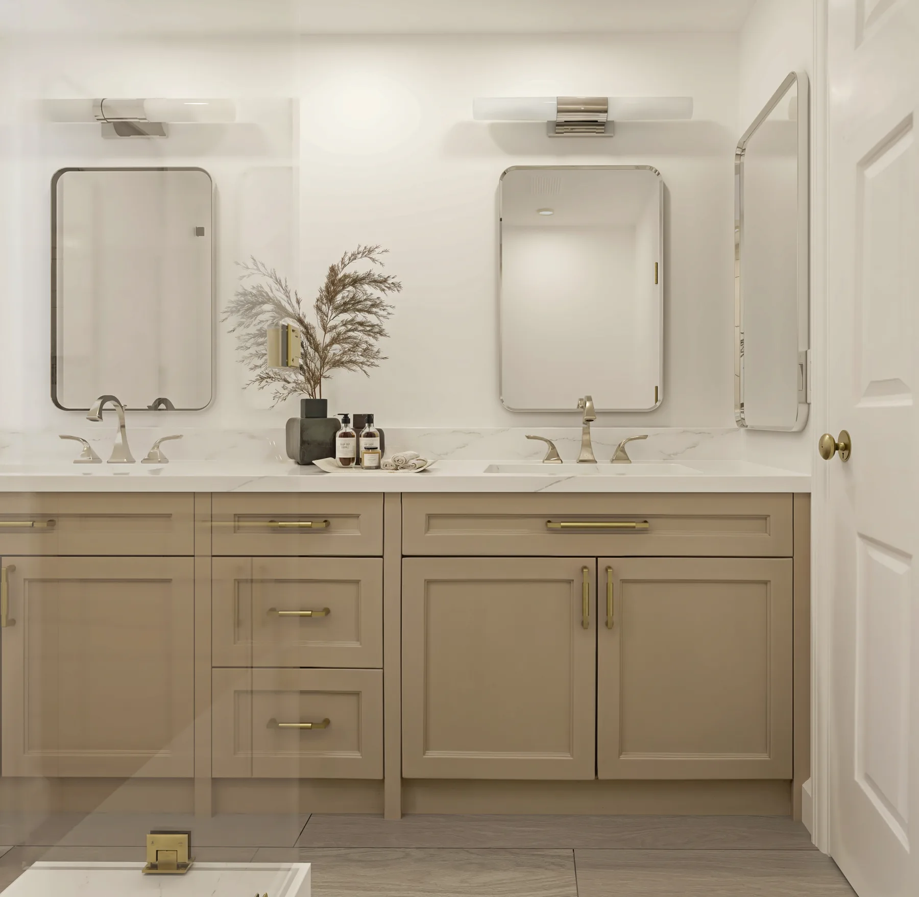 3D rendering of a double vanity bathroom with brass hardware