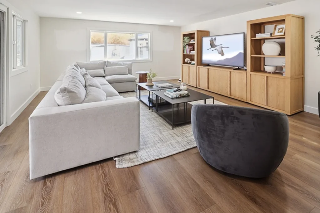 Living room with white oak built-ins, La Jolla remodel