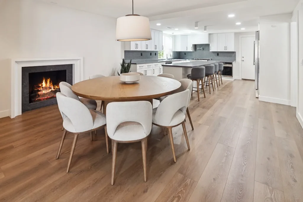 Dining table by the fireplace, La Jolla remodel