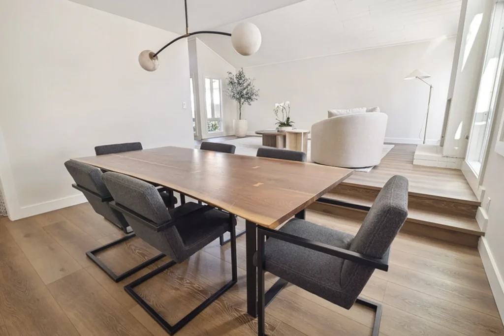 Dining room with steps to the living room, La Jolla remodel
