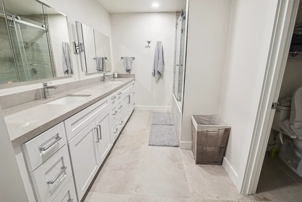 Bathroom vanity and mirror wall, La Jolla remodel