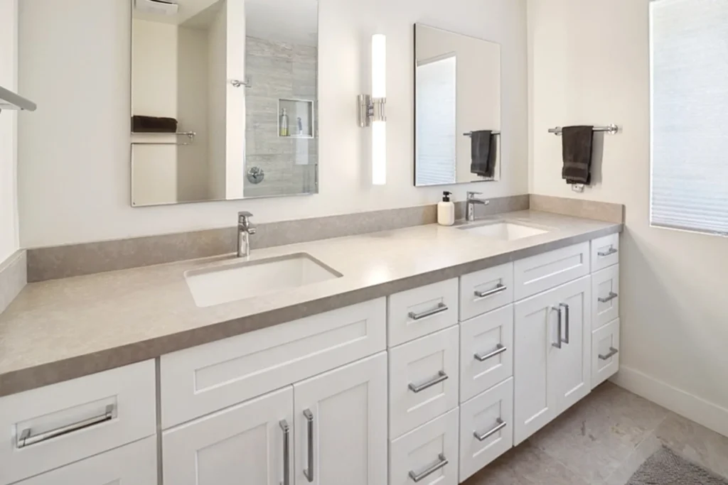 Double vanity with stone counter, La Jolla remodel