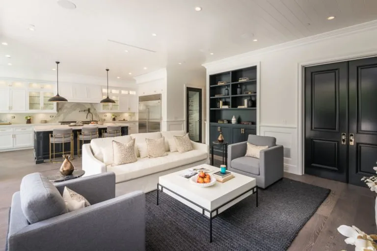 Living room with dark built-in shelving, La Jolla remodel