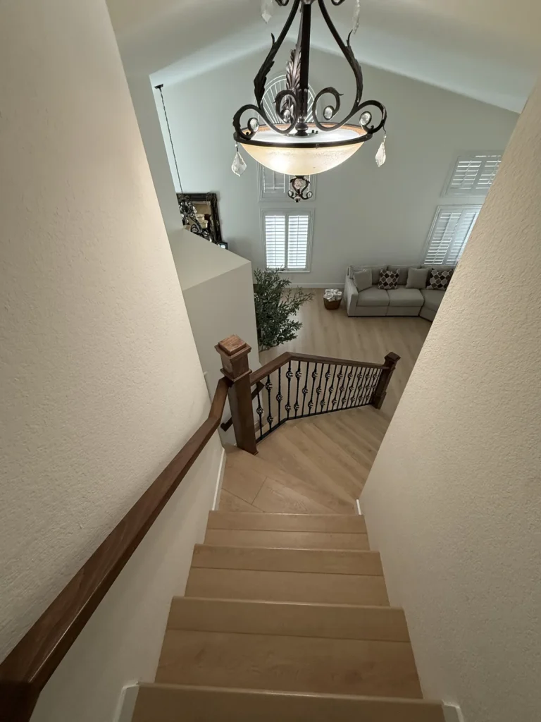 Staircase and chandelier, Rancho Cucamonga remodel