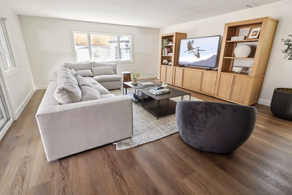 Living room with white oak built-ins, San Diego remodel