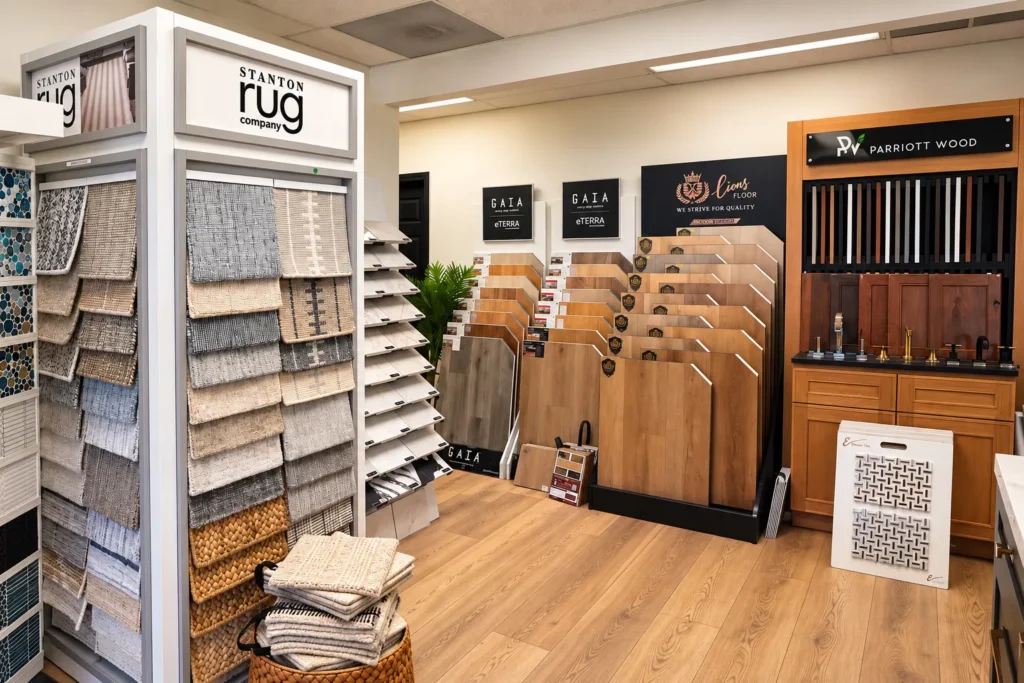 Rug, flooring and wood sample displays in the CASA Renovations showroom, Riverside