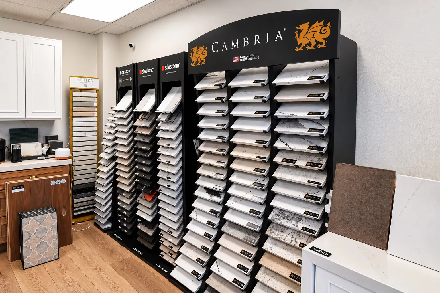 Cambria quartz display and cabinet samples in the CASA Renovations showroom, Riverside