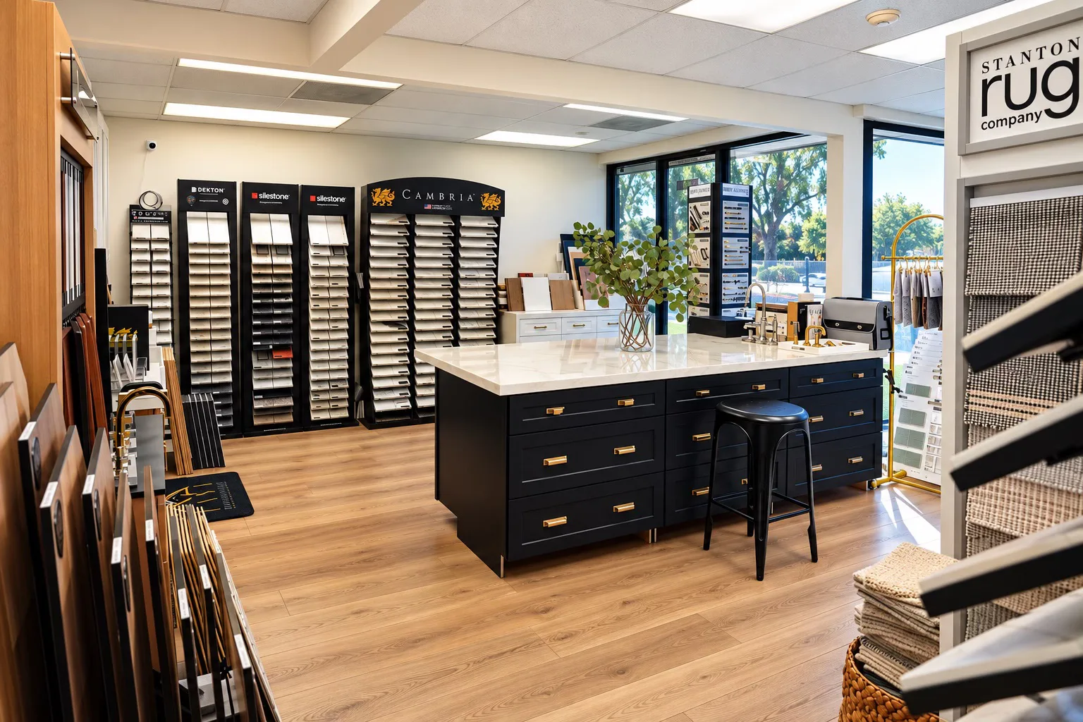 Black sample island, rug display and flooring racks in the CASA Renovations showroom, Riverside