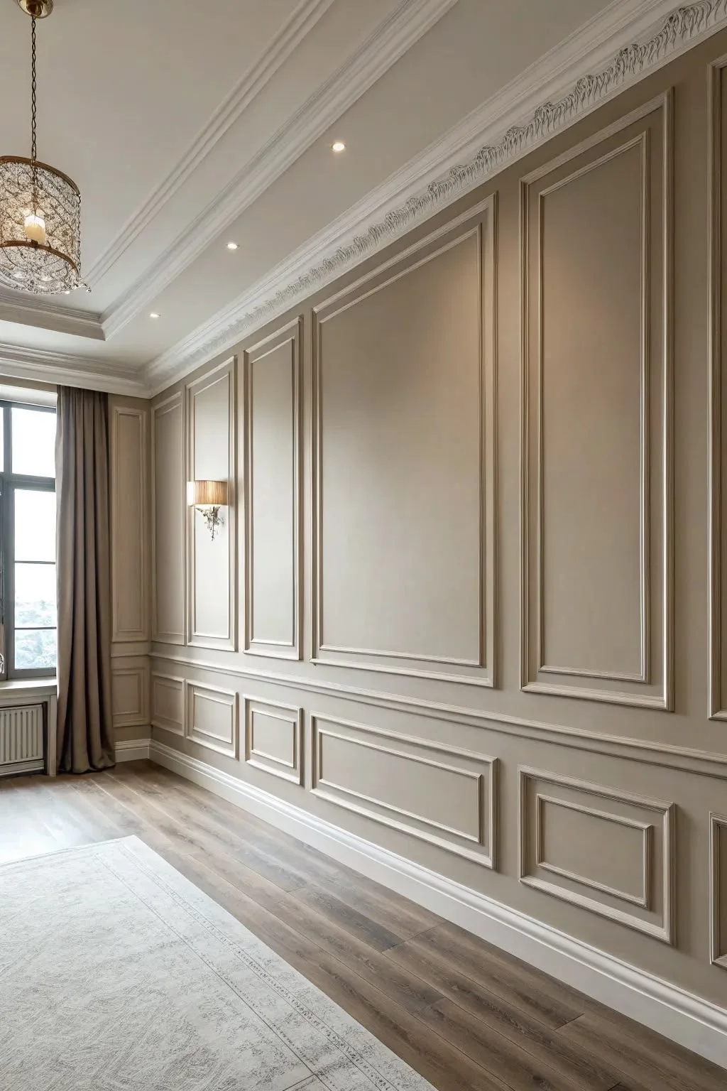 Picture-frame wall panels under a detailed crown molding