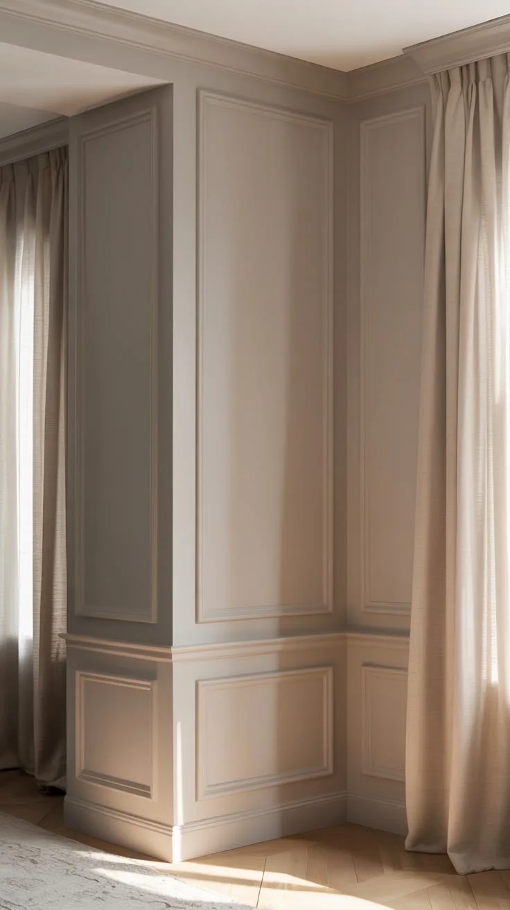 Painted wall panels with picture-frame molding above a matching wainscot