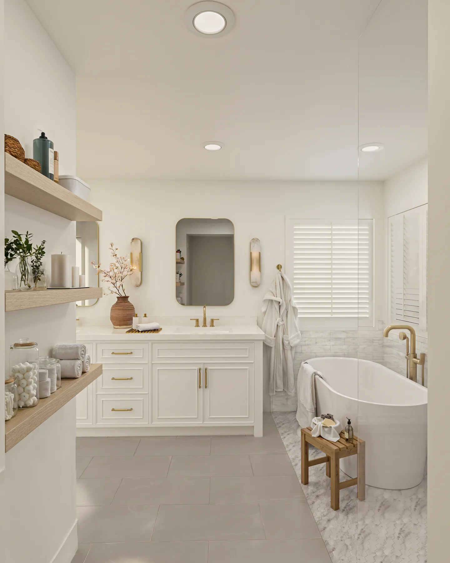 3D rendering of a primary bathroom with a freestanding tub and white vanity, designed by CASA