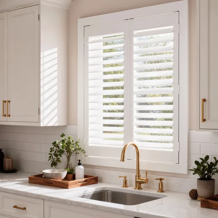 White plantation shutters over a kitchen sink