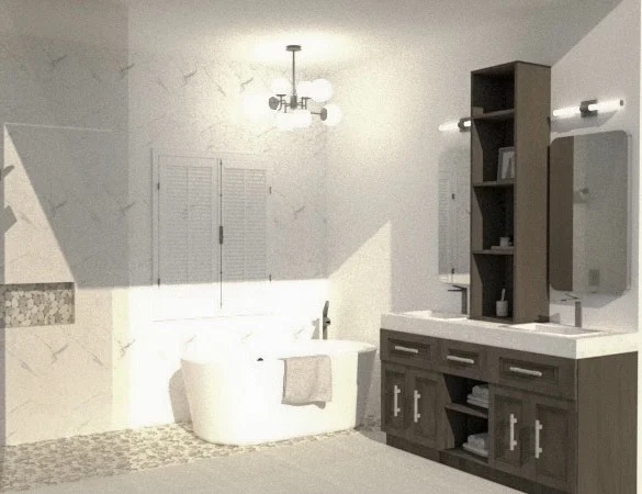 3D rendering of a marble bathroom with a freestanding tub